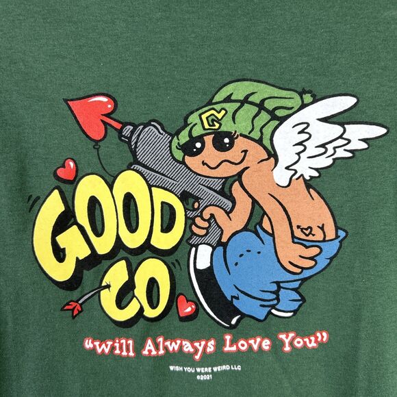 Good Co. Men's Small Green Cupid "Will‎ Always Love You" Graphic T Shirt L/S - Picture 6 of 7